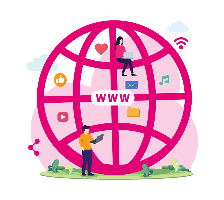 Animated family enjoying using a laptop and mobile device on a light pink-themed background, showcasing a trusted ISP with a broadband connection.